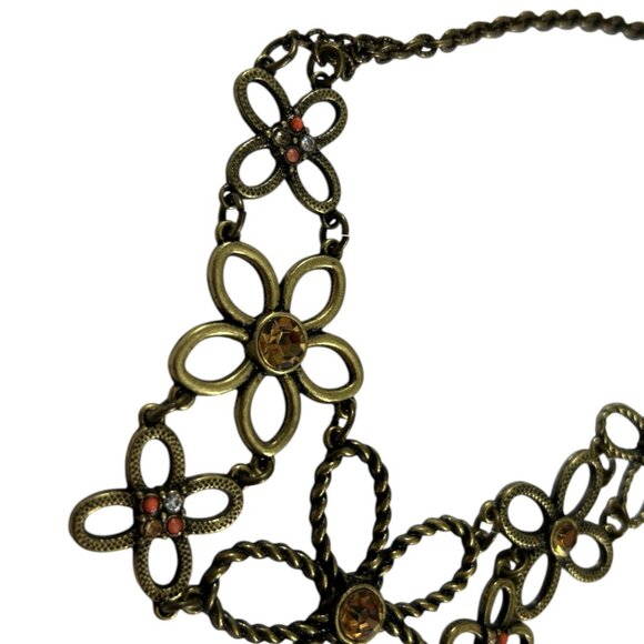 Vtg Nina Ricco Avon Brass Tone Floral Statement Necklace Rhinestones Boho Bib - Picture 4 of 10